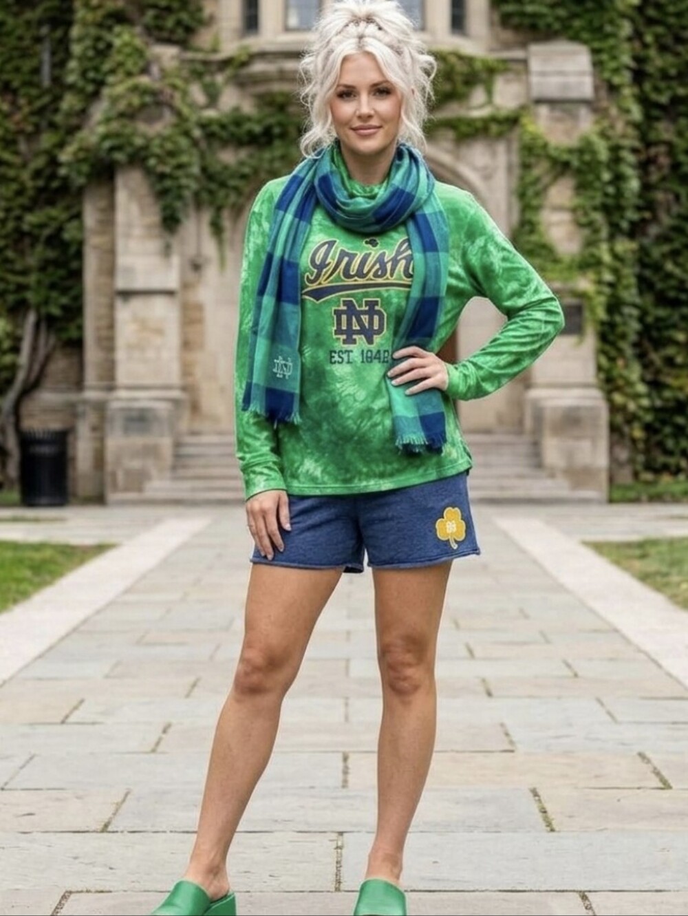 Under Armour green tie dye thumb hole top shorts scarf Notre Dame bundle XL NWT
